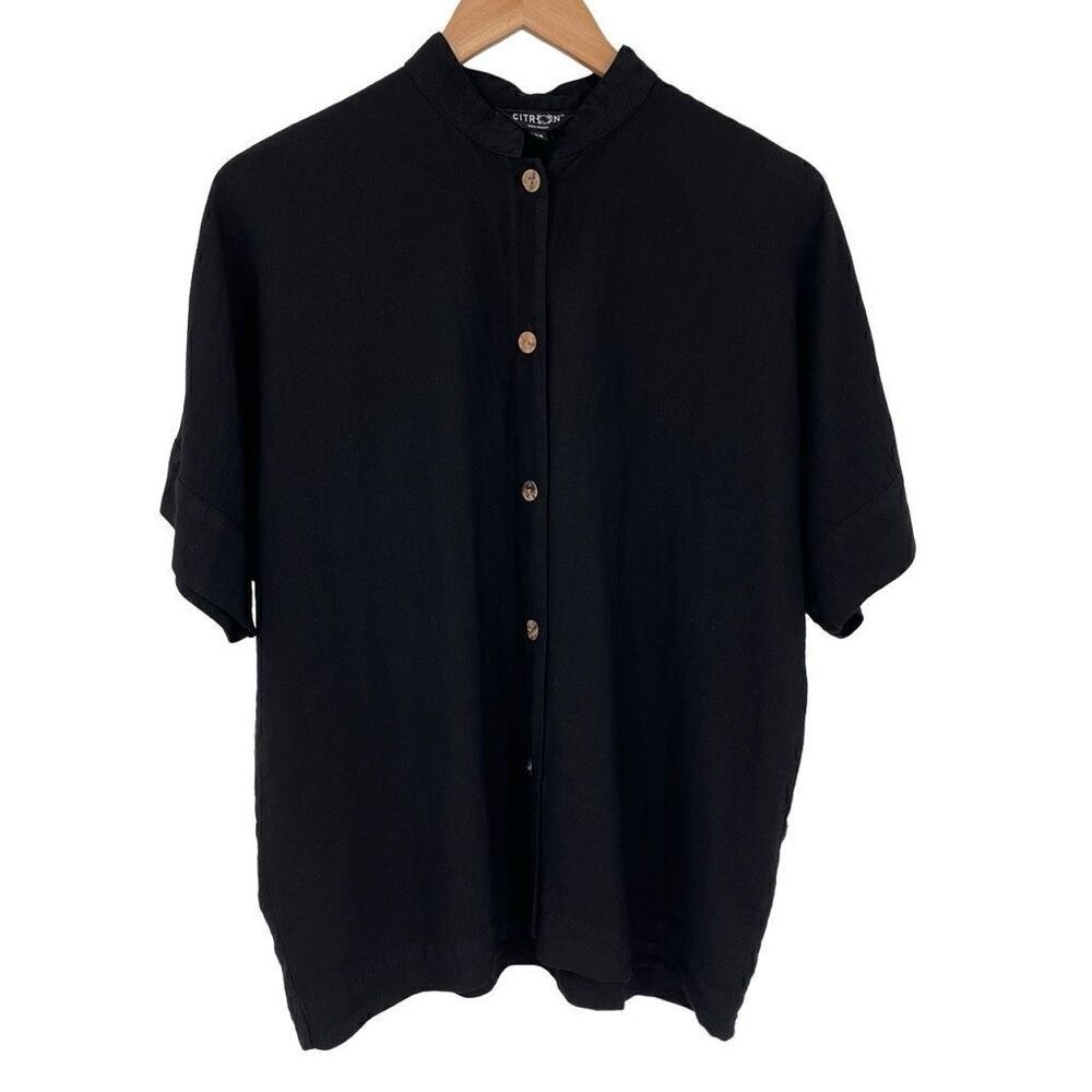 Citron Mandarin Collar Button Up Short Sleeve Shirt Women‎ Medium Black Shimmer
